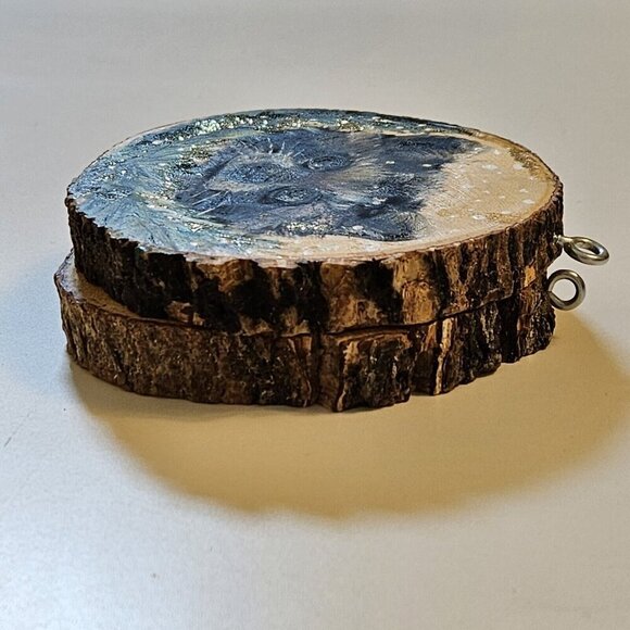 Handmade Round Wood Ornaments Lot of 2 Christmas Winter Hanging Loop Unique Art - Picture 5 of 12